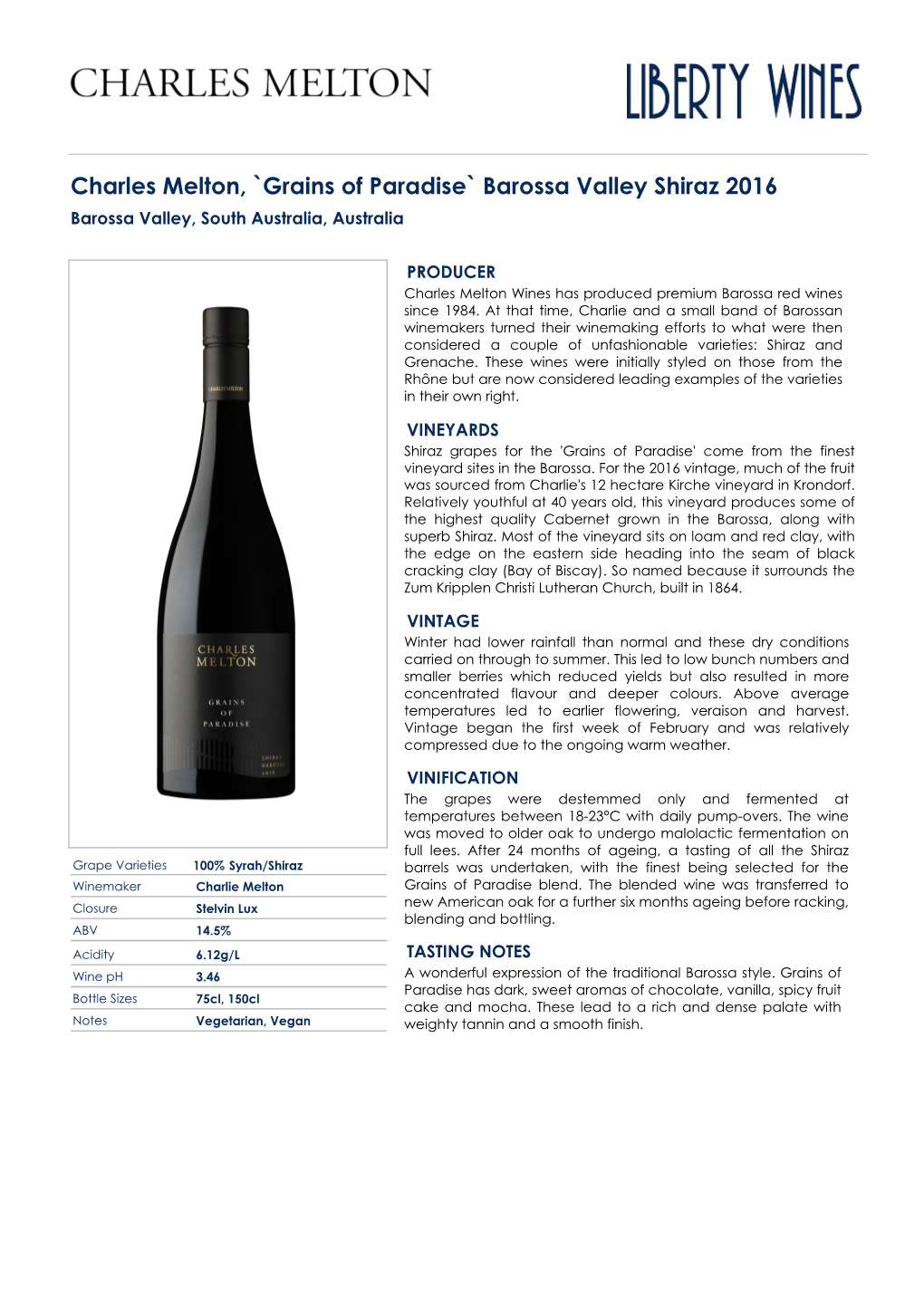 Charles Melton, `Grains of Paradise` Barossa Valley Shiraz 2016 Barossa Valley, South Australia, Australia