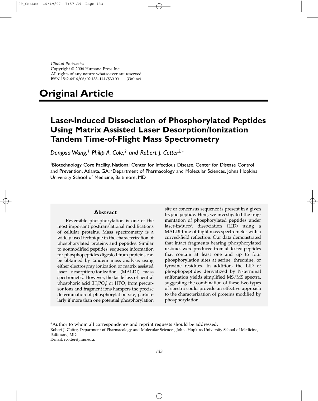 Laser-Induced Dissociation of Phosphorylated Peptides Using