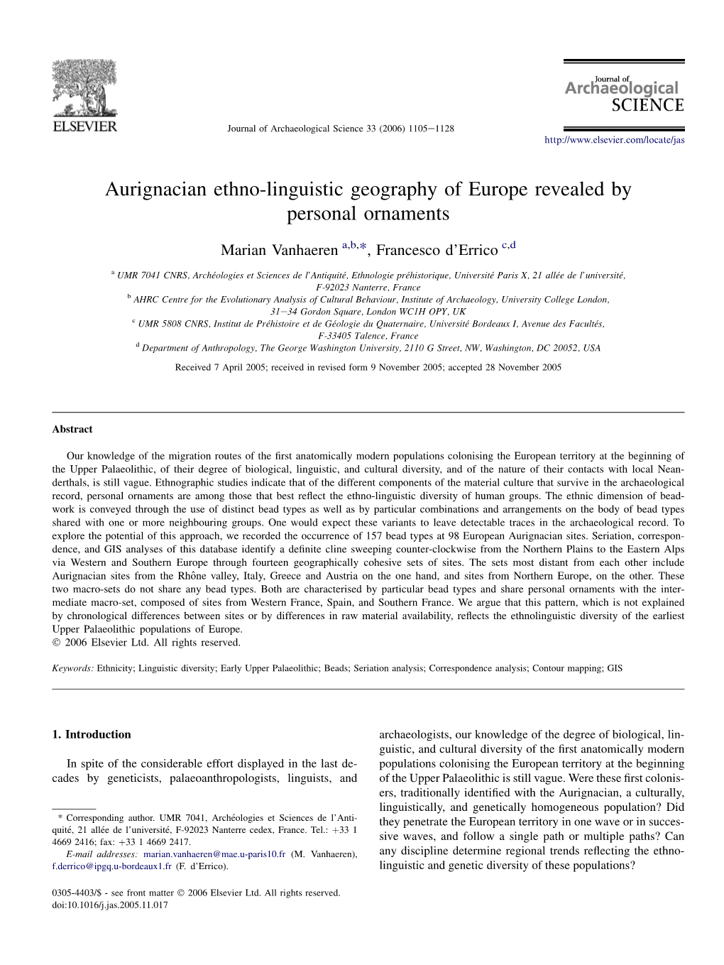 Aurignacian Ethno-Linguistic Geography of Europe Revealed by Personal Ornaments