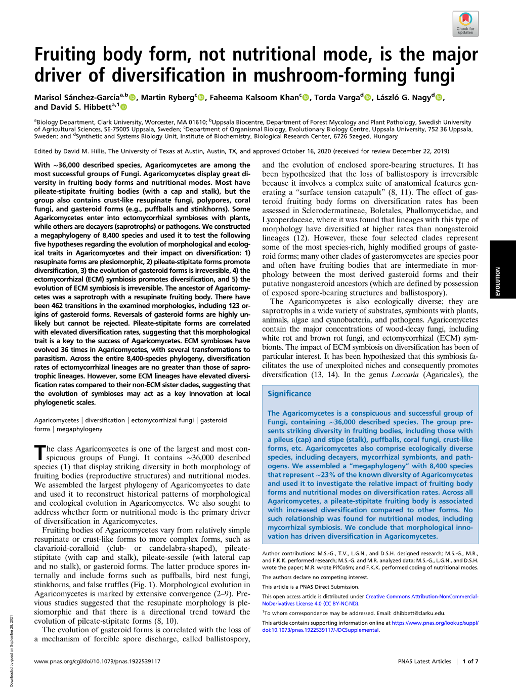 Fruiting Body Form, Not Nutritional Mode, Is the Major Driver of Diversification in Mushroom-Forming Fungi