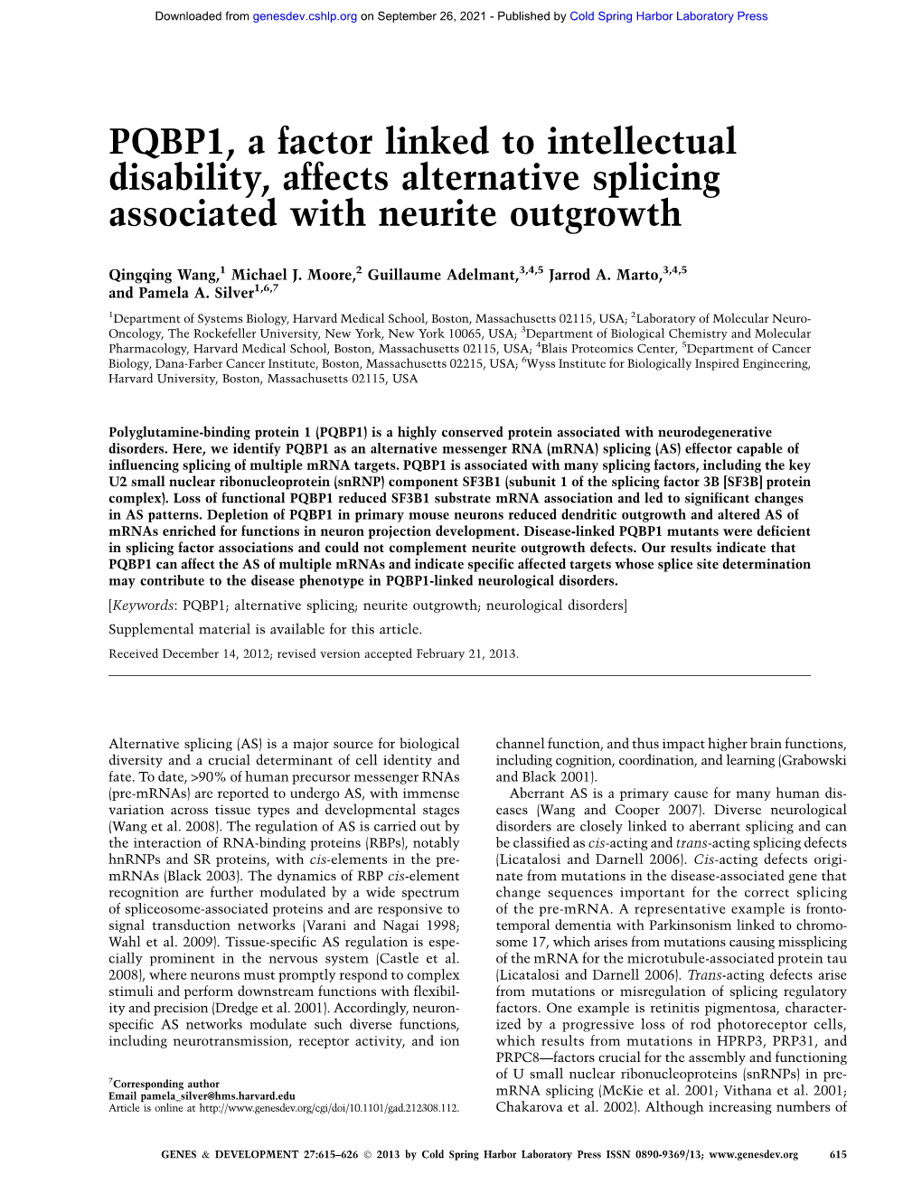 PQBP1, a Factor Linked to Intellectual Disability, Affects Alternative Splicing Associated with Neurite Outgrowth