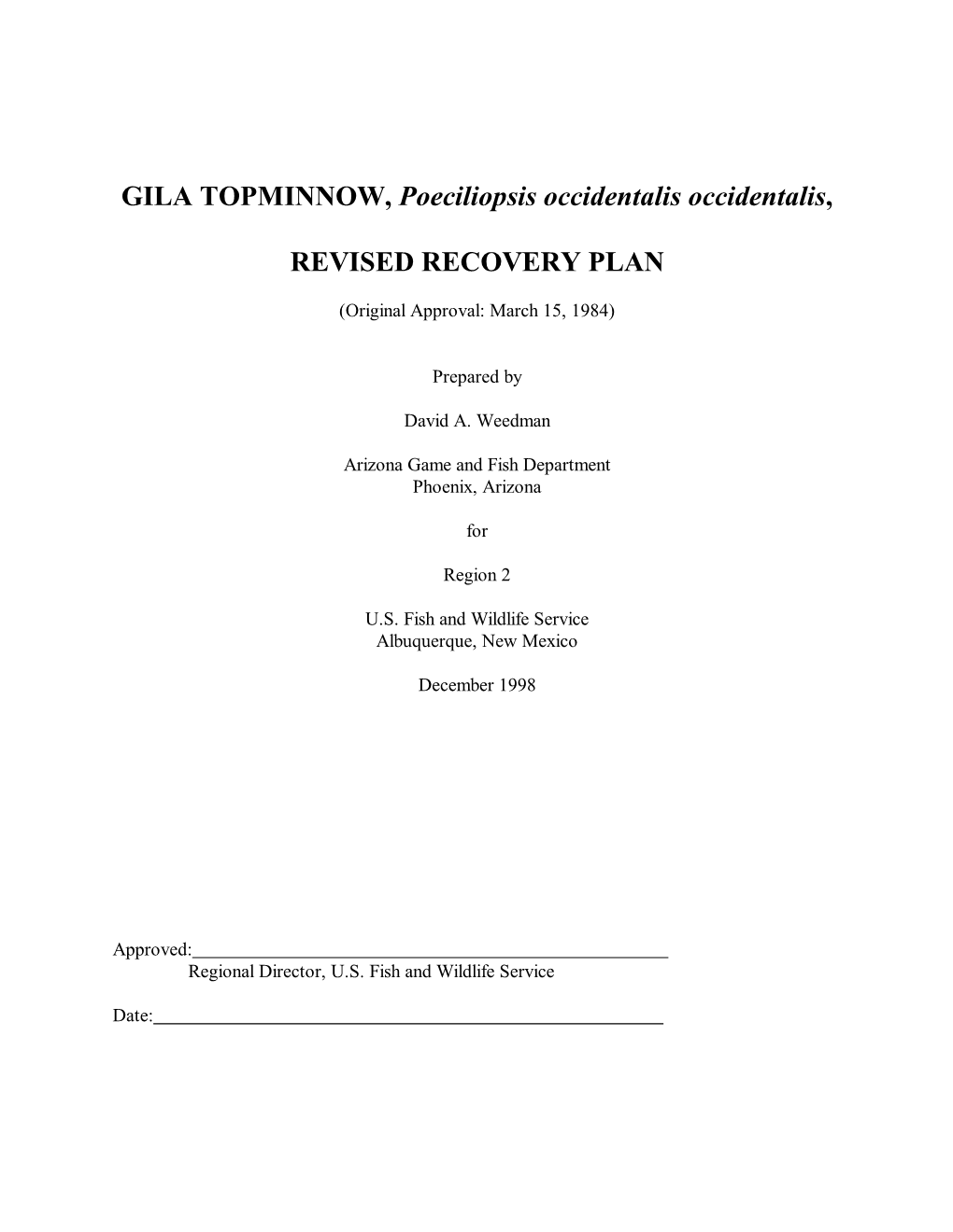 Gila Topminnow Revised Recovery Plan December 1998