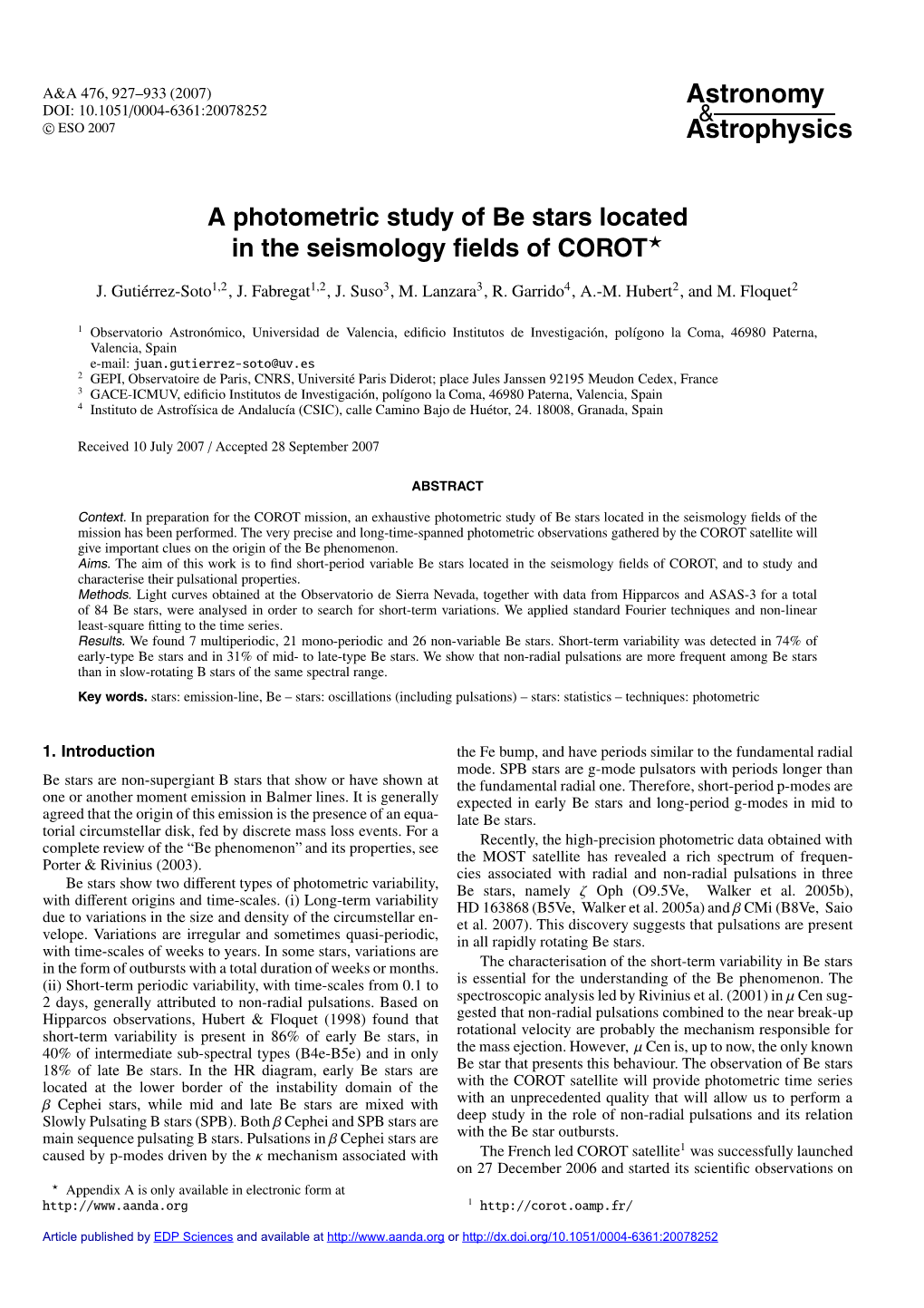 A Photometric Study of Be Stars Located in the Seismology ﬁelds of COROT