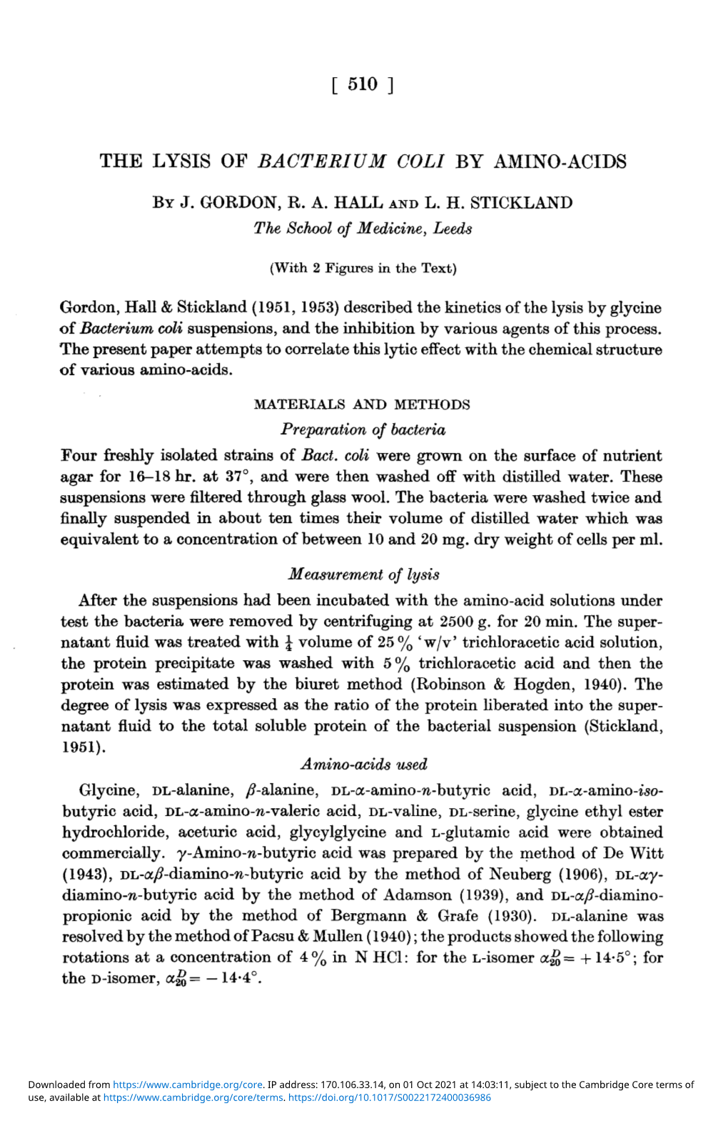 The Lysis of Bacterium Coli by Amino-Acids