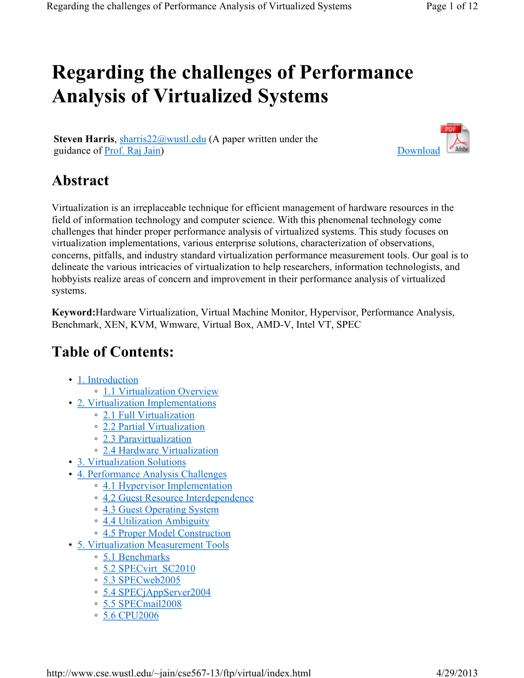 Regarding the Challenges of Performance Analysis of Virtualized Systems Page 1 of 12