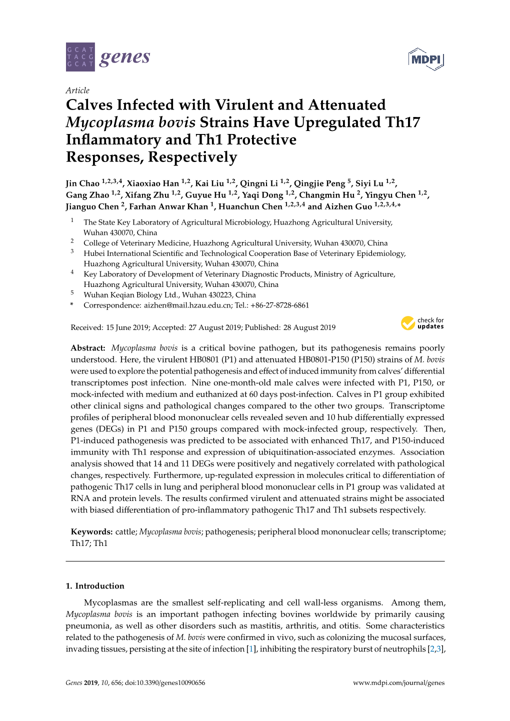 Calves Infected with Virulent and Attenuated Mycoplasma Bovis Strains Have Upregulated Th17 Inﬂammatory and Th1 Protective Responses, Respectively