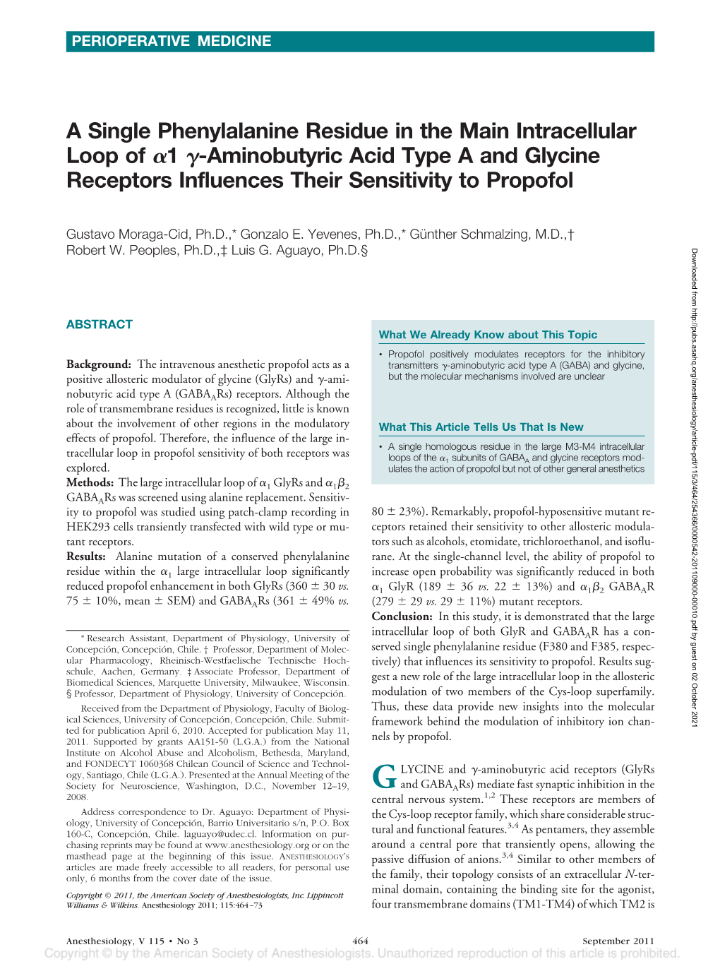 Aminobutyric Acid Type a and Glycine Receptors Influences Their Sensitivity to Propofol