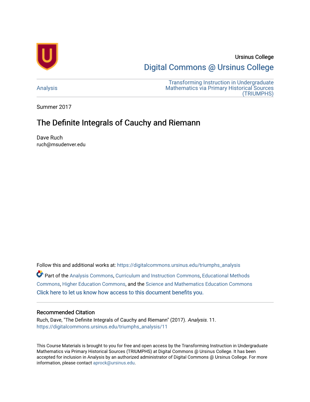 The Definite Integrals of Cauchy and Riemann