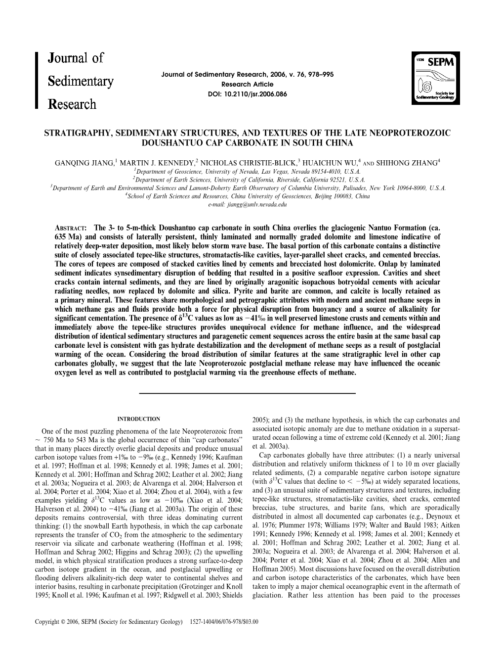 Stratigraphy, Sedimentary Structures, and Textures of the Late Neoproterozoic Doushantuo Cap Carbonate in South China