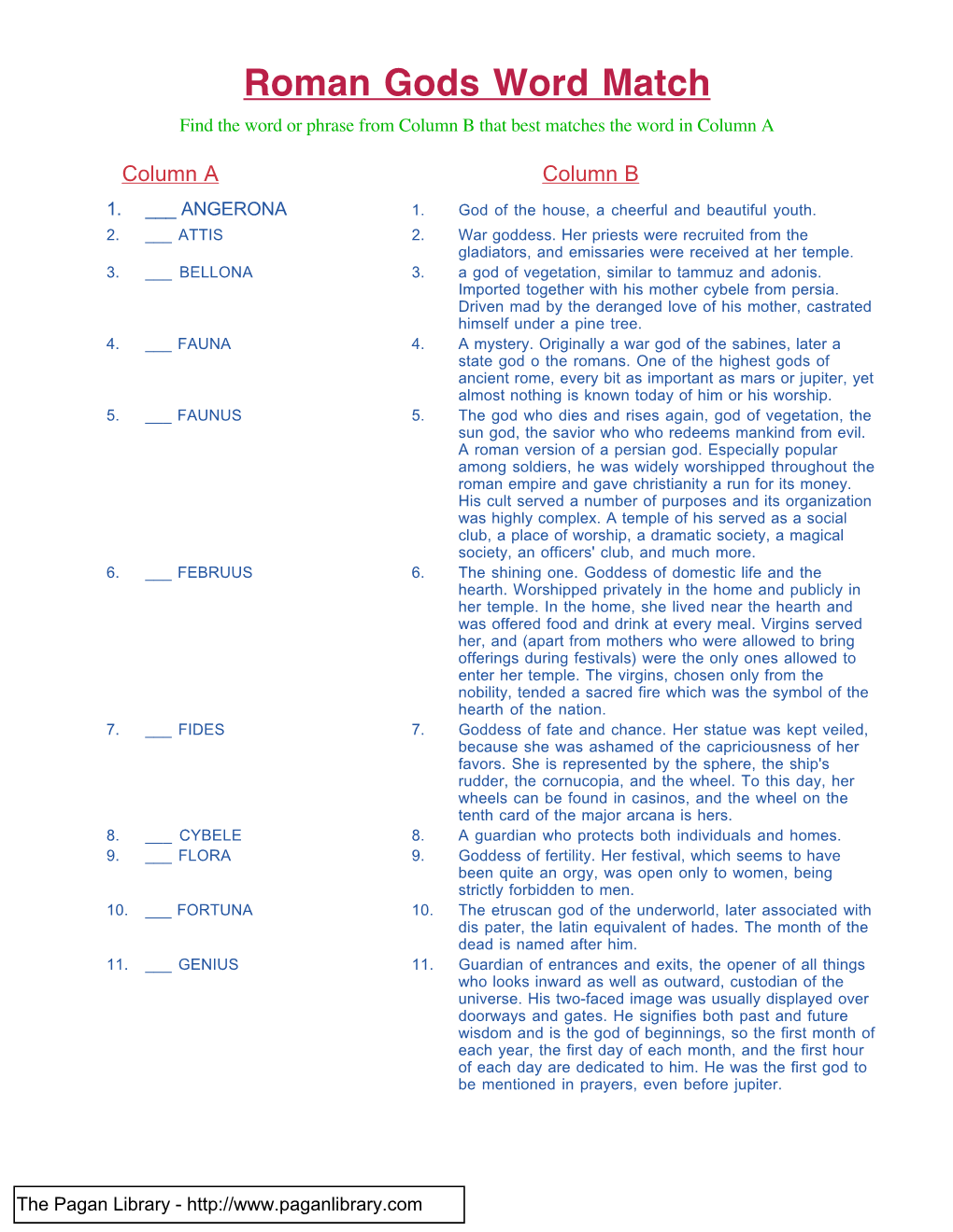 Roman Gods Word Match Find the Word Or Phrase from Column B That Best Matches the Word in Column A