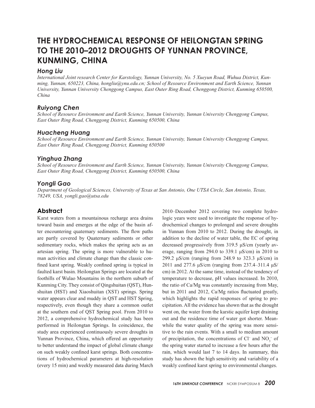 The Hydrochemical Response of Heilongtan Springs to the 2010