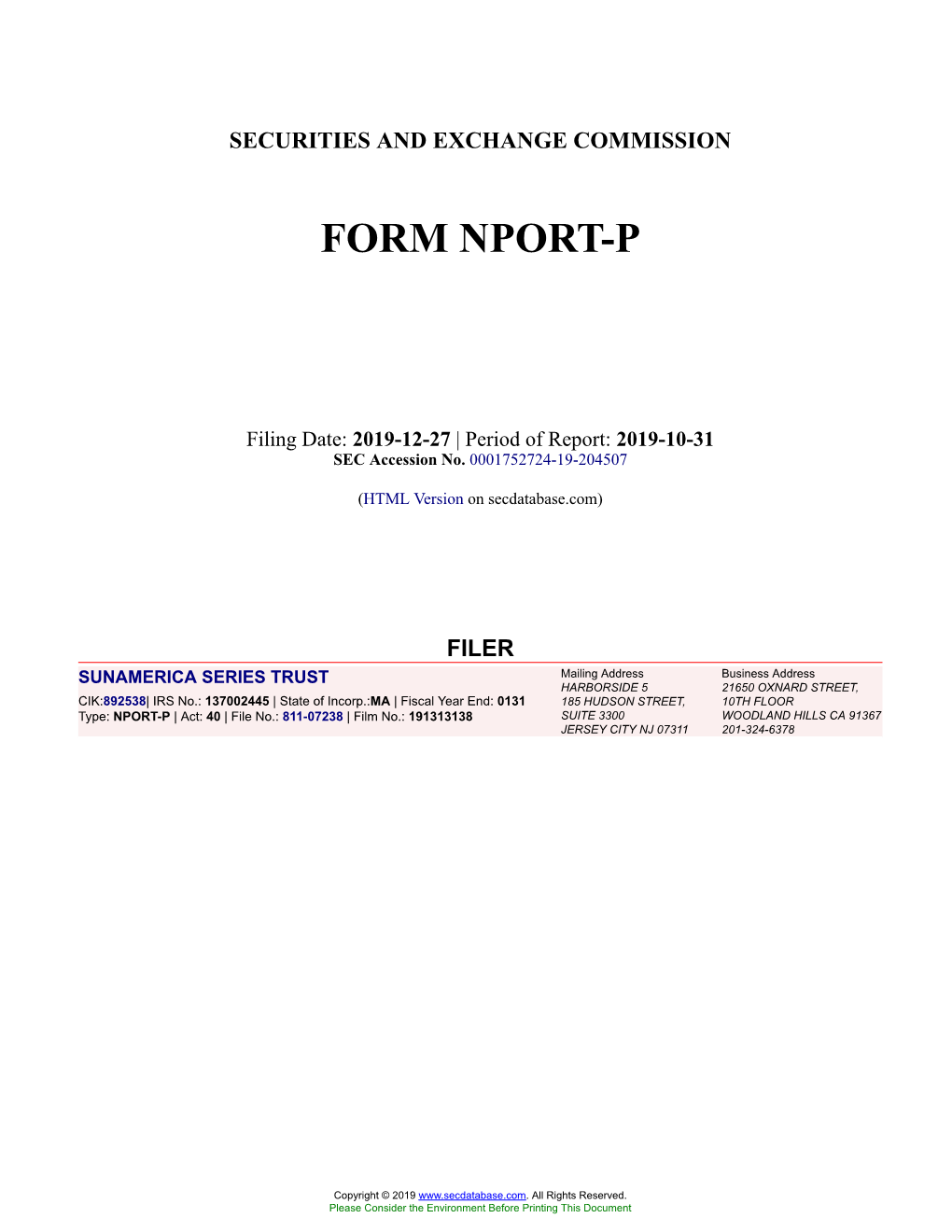 SUNAMERICA SERIES TRUST Form NPORT-P Filed 2019-12-27