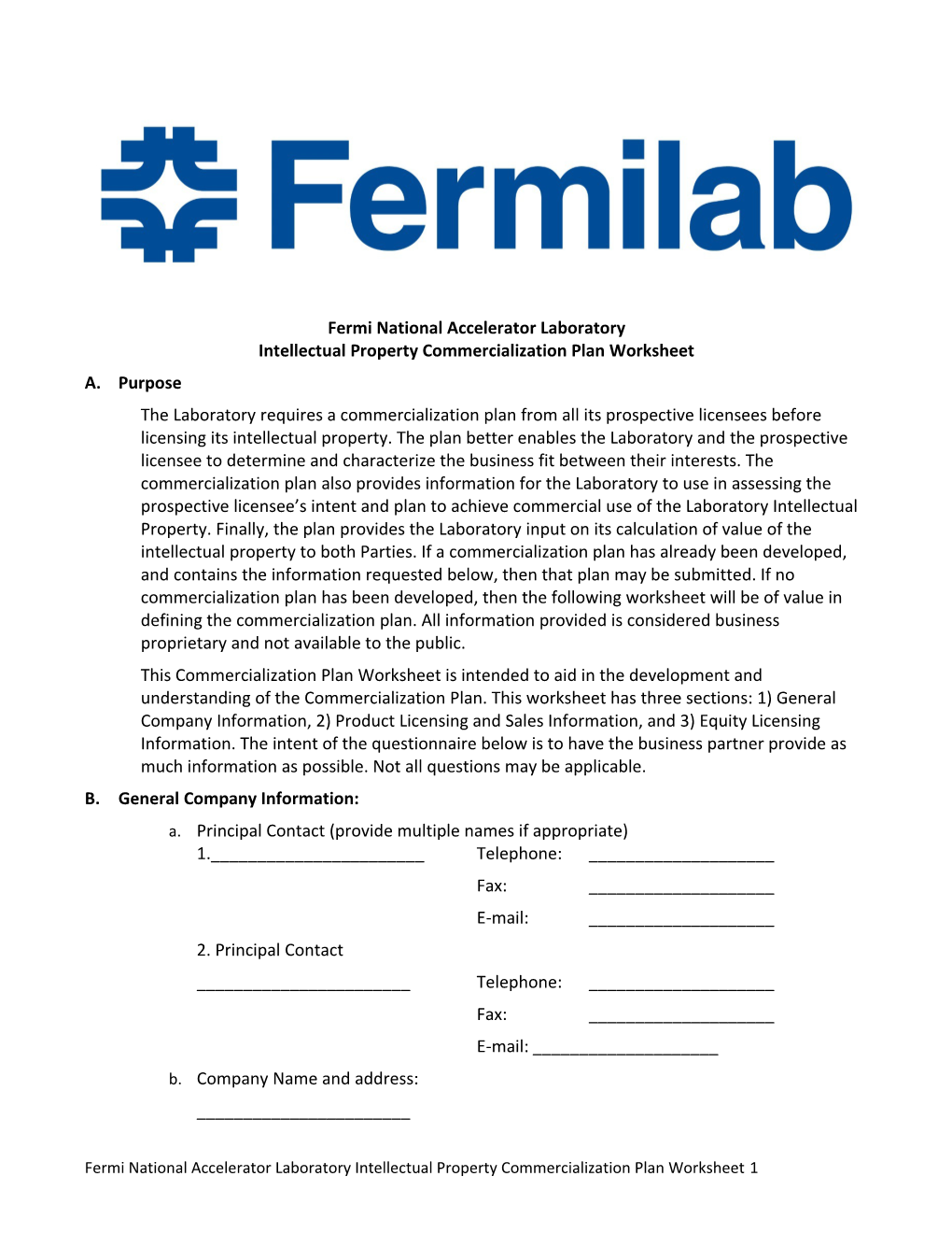 Fermi National Accelerator Laboratory Intellectual Property Commercialization Plan Worksheet