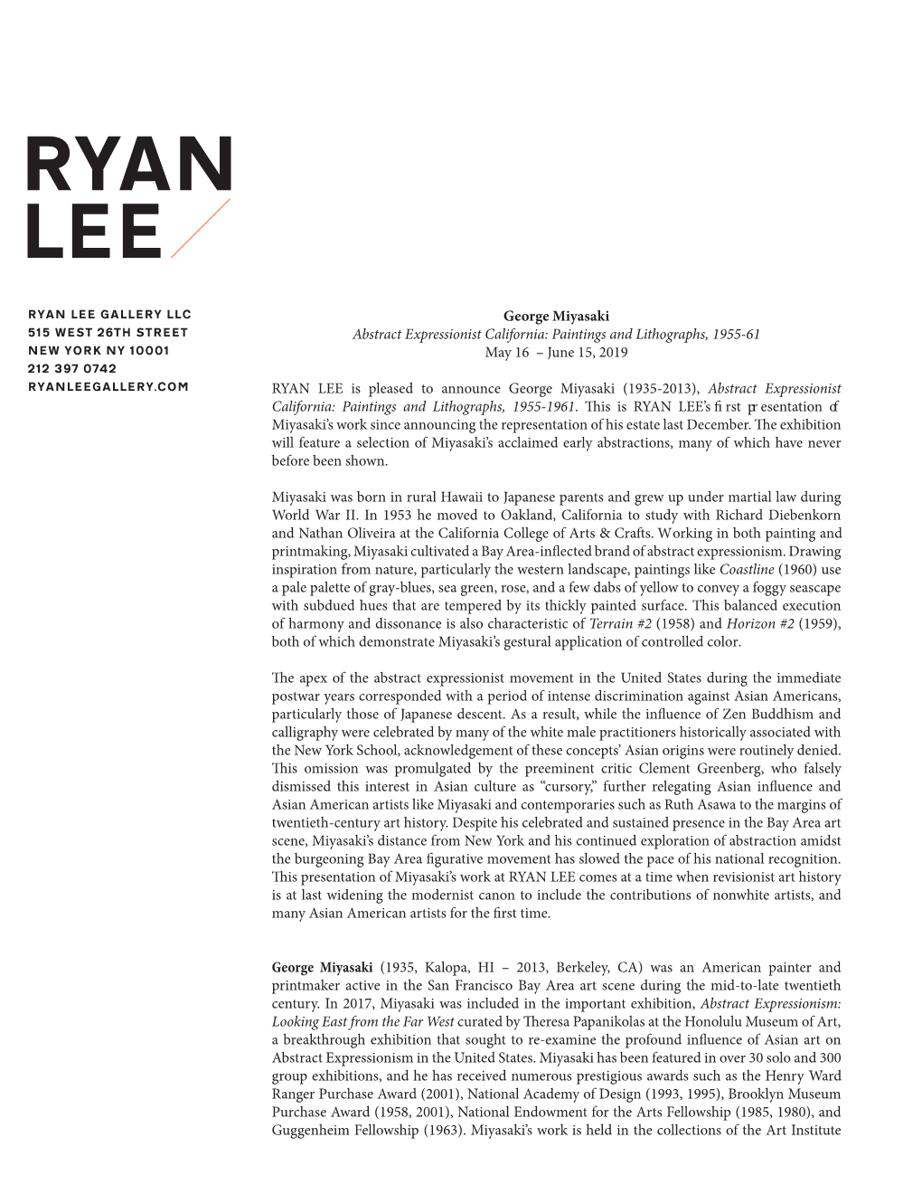 George Miyasaki Abstract Expressionist California: Paintings and Lithographs, 1955-61 May 16 – June 15, 2019