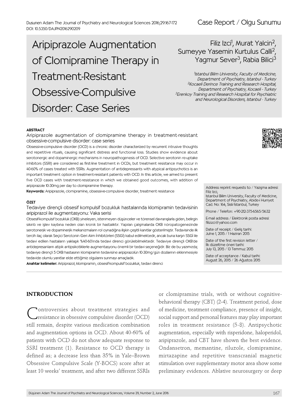 Aripiprazole Augmentation of Clomipramine Therapy In