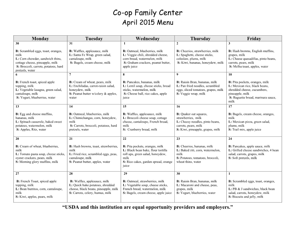Co-Op Family Center April 2015 Menu