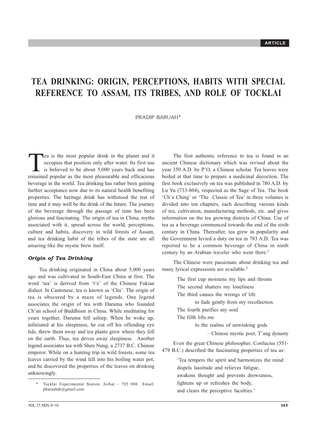 Tea Drinking: Origin, Perceptions, Habits with Special Reference to Assam, Its Tribes, and Role of Tocklai