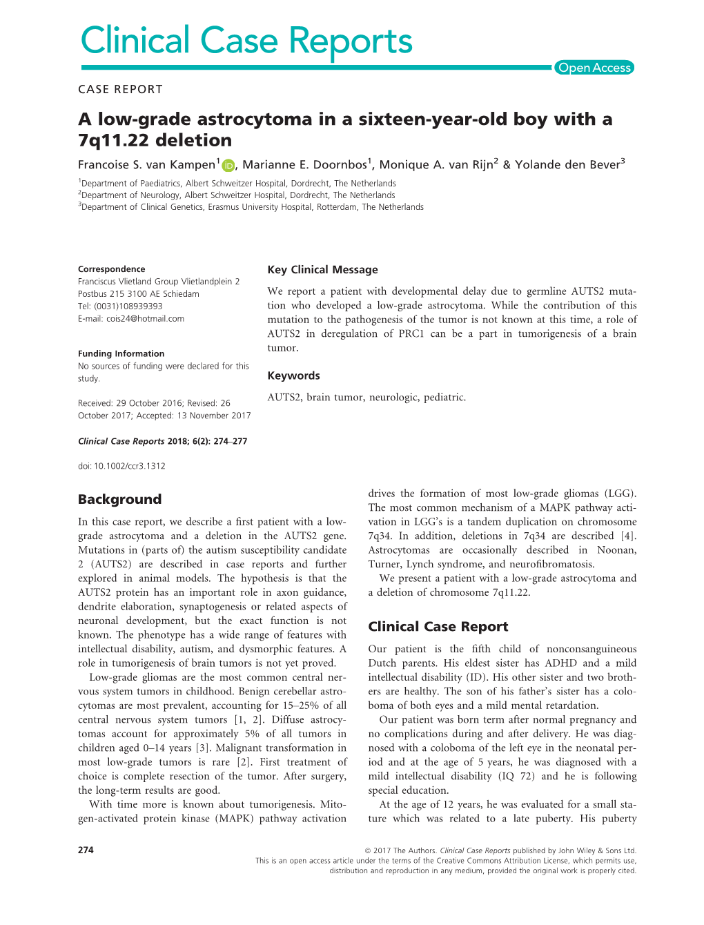 A Low‐Grade Astrocytoma in a Sixteen‐Year‐Old Boy with a 7Q11.22 Deletion