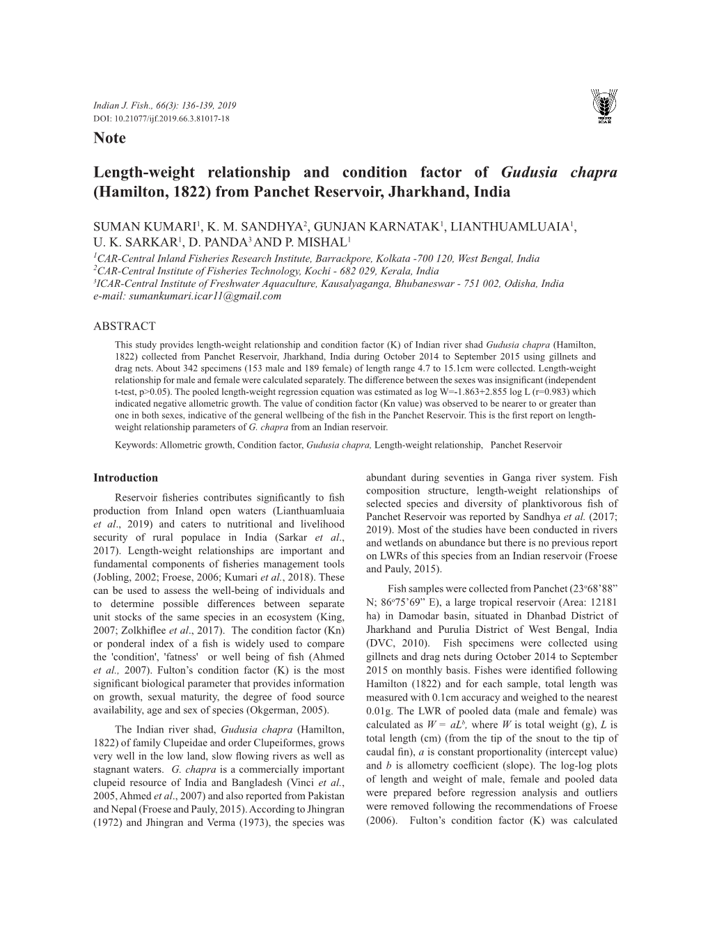 Length-Weight Relationship and Condition Factor of Gudusia Chapra (Hamilton, 1822) from Panchet Reservoir, Jharkhand, India