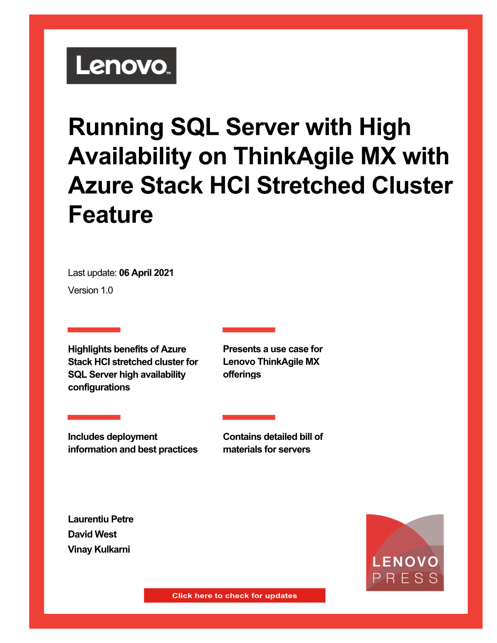 Running SQL Server with High Availability on Thinkagile MX with Azure Stack HCI Stretched Cluster Feature