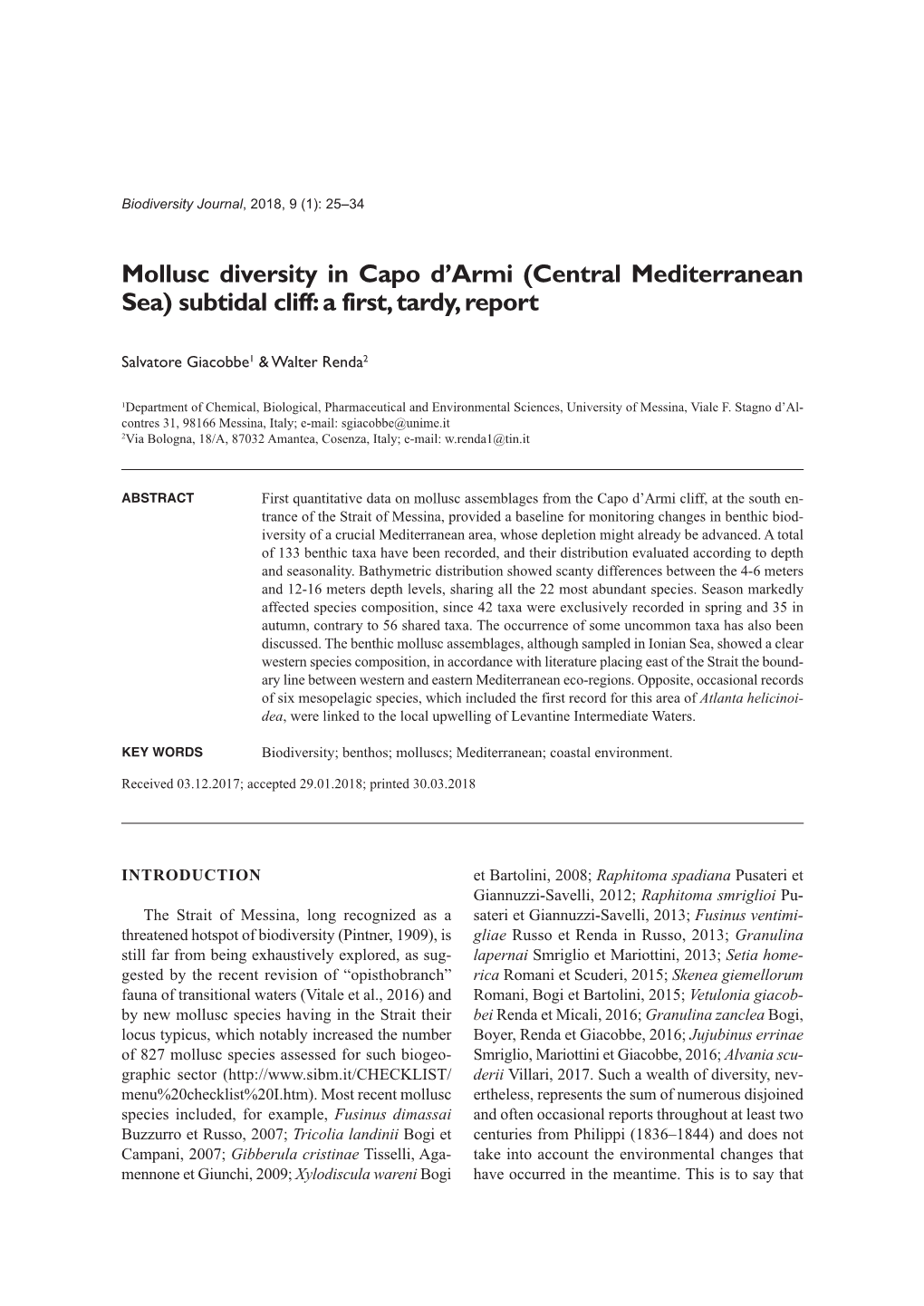 Central Mediterranean Sea) Subtidal Cliff: a First, Tardy, Report