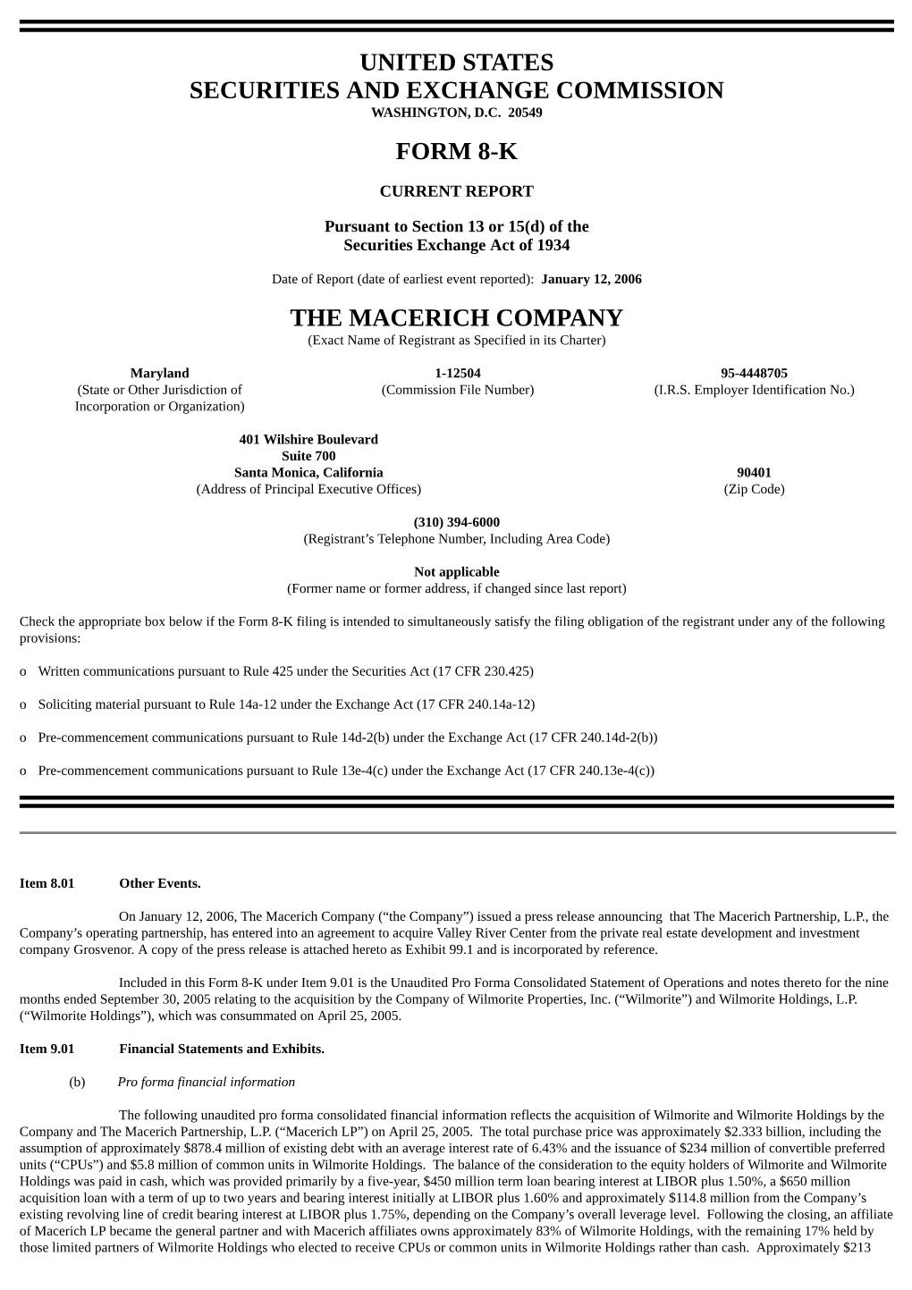 United States Securities and Exchange Commission Form 8-K the Macerich Company