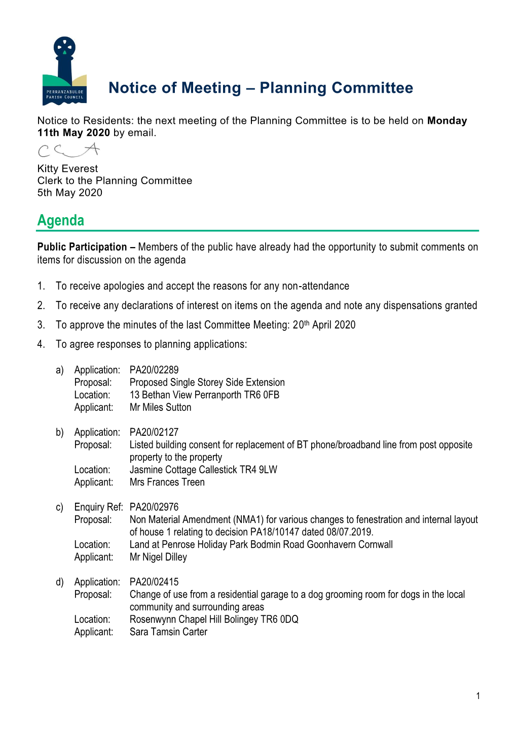 Notice of Meeting – Planning Committee Agenda