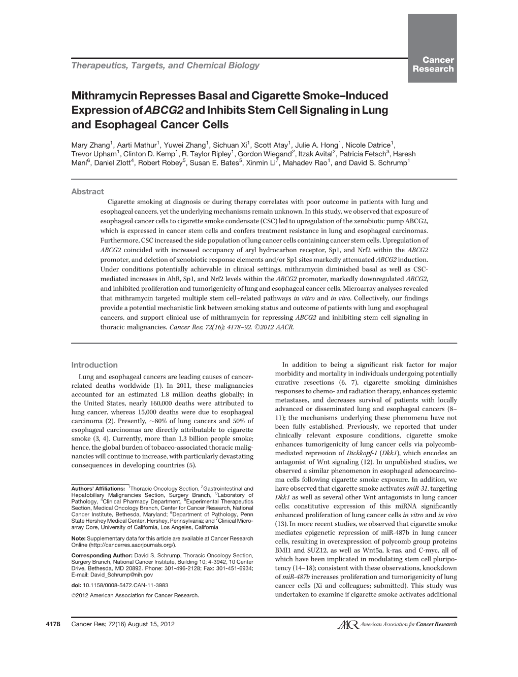 Mithramycin Represses Basal and Cigarette Smoke–Induced Expression of ABCG2 and Inhibits Stem Cell Signaling in Lung and Esophageal Cancer Cells