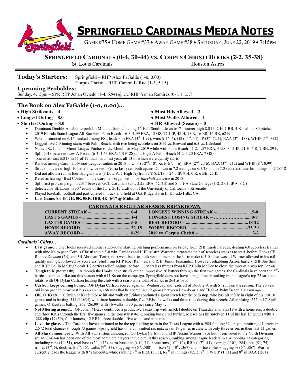 Springfield Cardinals Media Notes Game #75  Home Game #37  Away Game #38  Saturday, June 22, 2019  7:15Pm