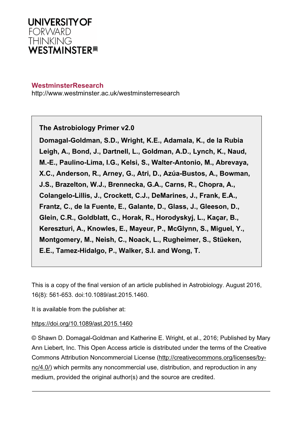 Westminsterresearch the Astrobiology Primer V2.0 Domagal-Goldman, S.D., Wright, K.E., Adamala, K., De La Rubia Leigh, A., Bond