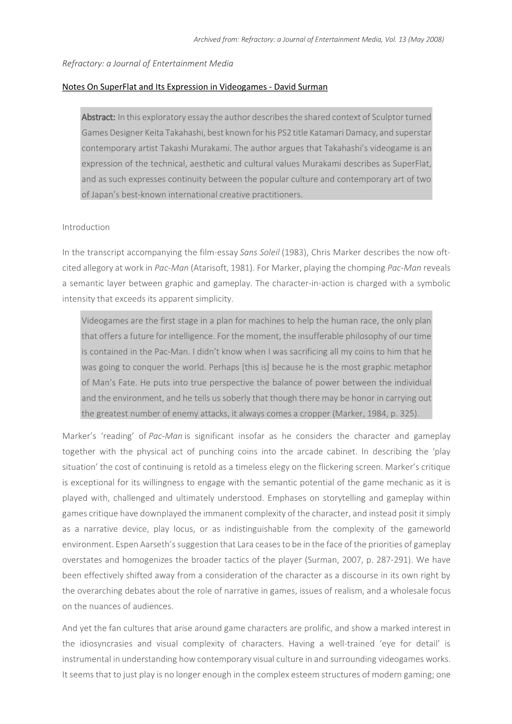 Notes on Superflat and Its Expression in Videogames - David Surman