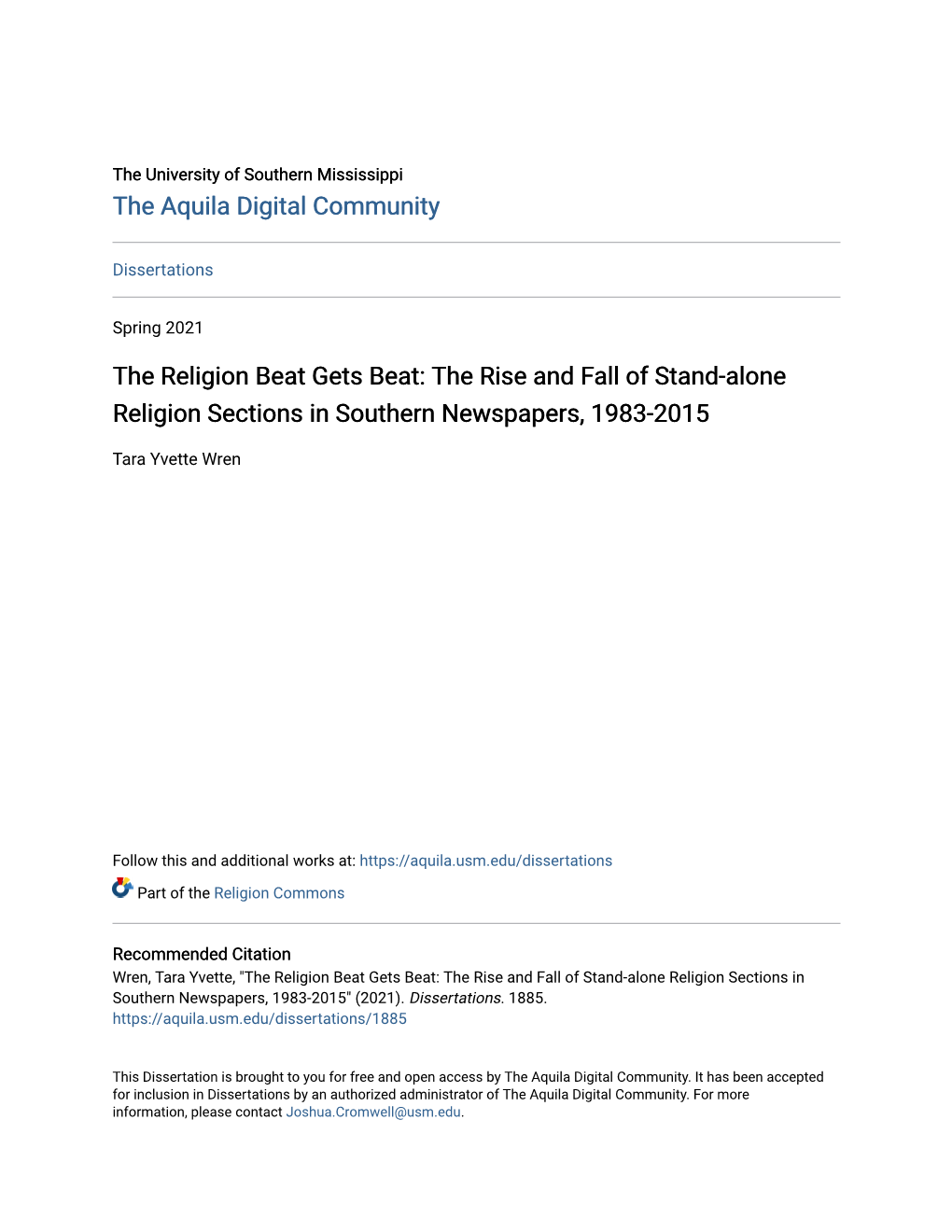 The Religion Beat Gets Beat: the Rise and Fall of Stand-Alone Religion Sections in Southern Newspapers, 1983-2015