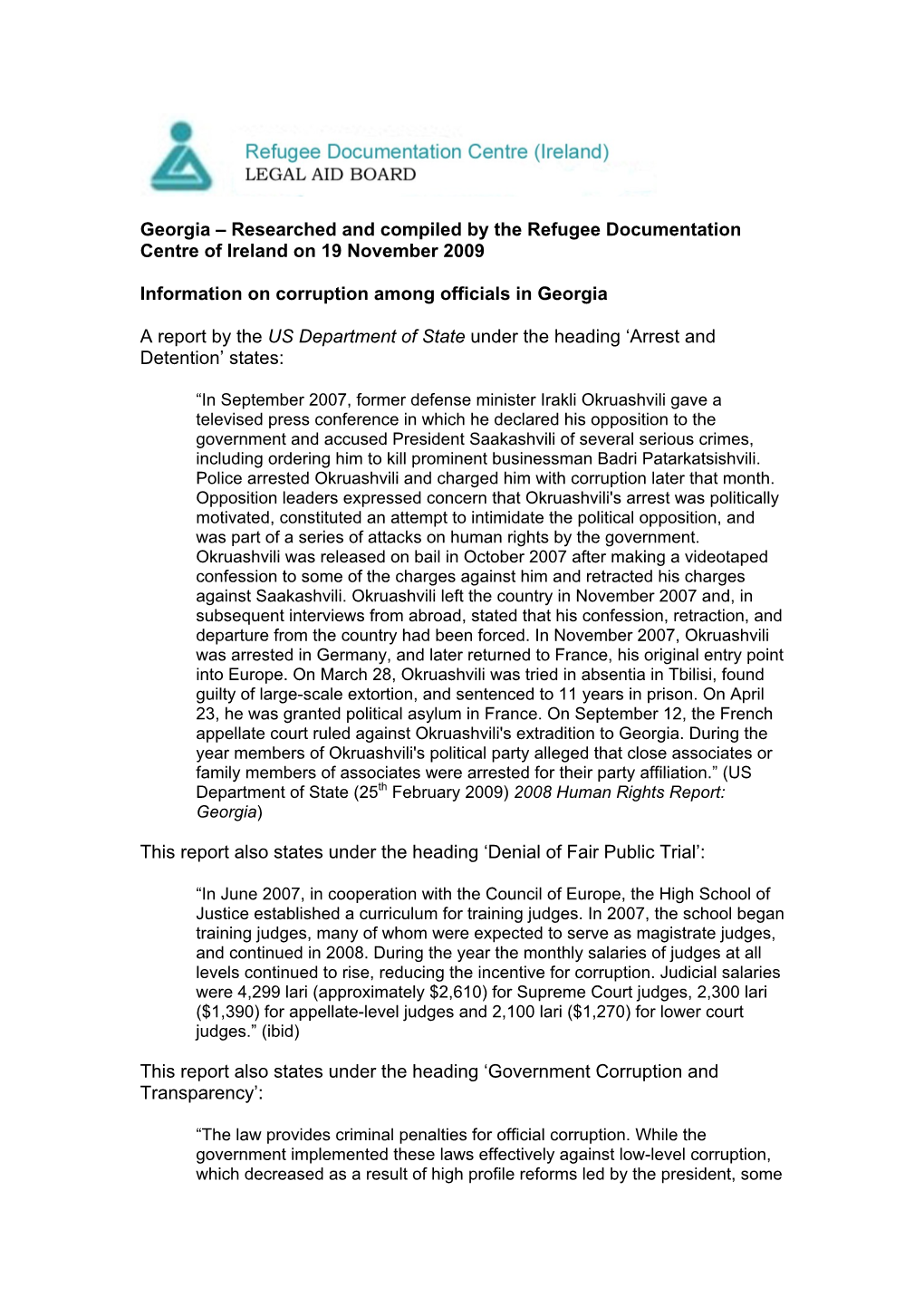 Georgia – Researched and Compiled by the Refugee Documentation Centre of Ireland on 19 November 2009