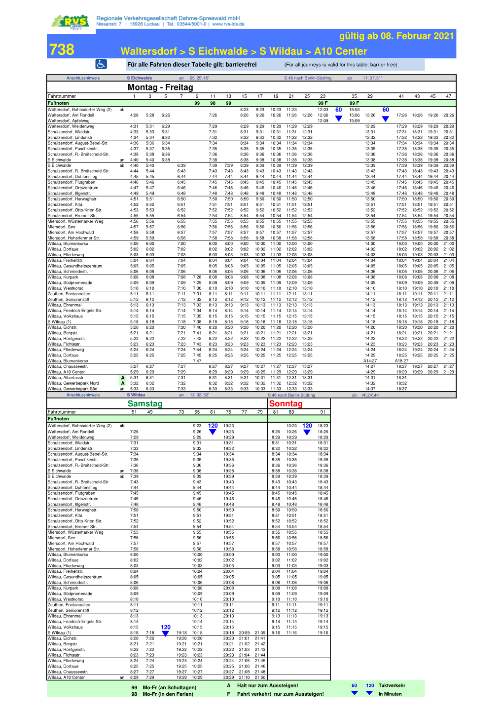 738 Waltersdorf > S Eichwalde > S Wildau > A10 Center Für Alle Fahrten Dieser Tabelle Gilt: Barrierefrei (For All Journeys Is Valid for This Table: Barrier-Free)