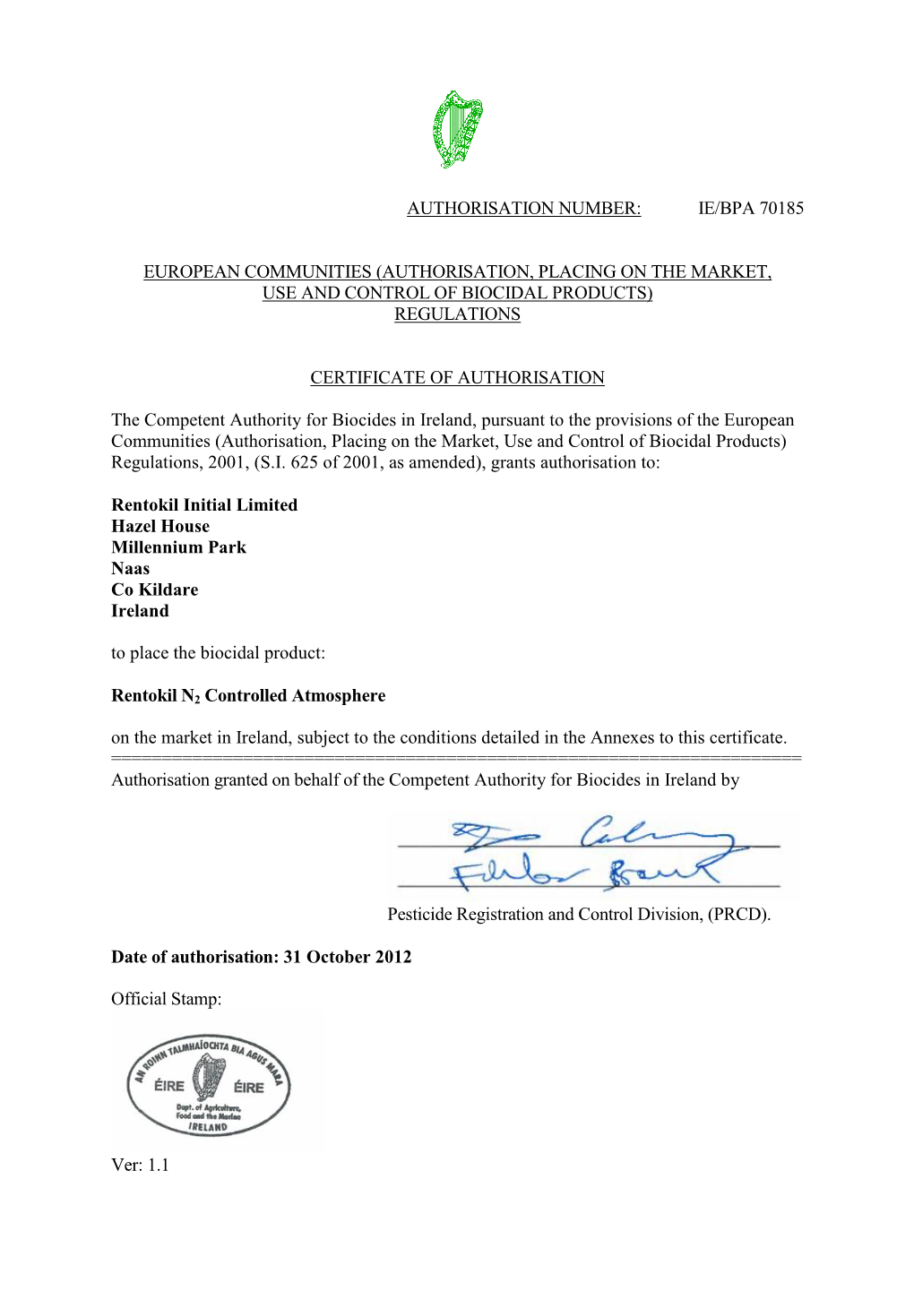 IE-BPA 70185 Authorisation Cert Ver1.1.Pdf