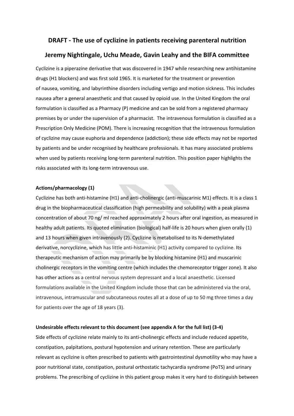 The Use of Cyclizine in Patients Receiving Parenteral Nutrition