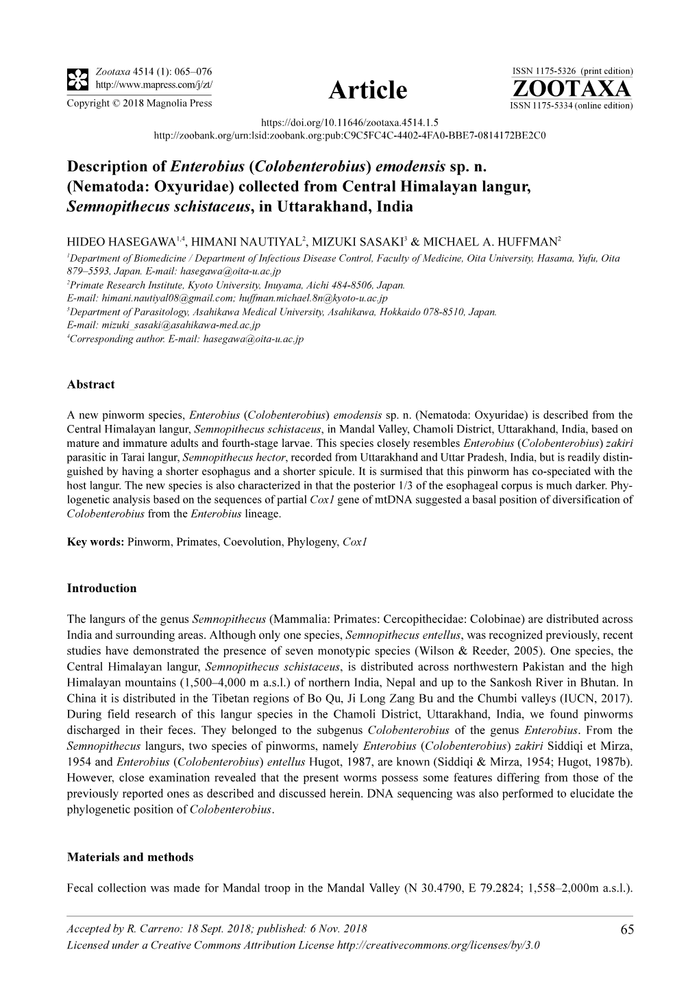 Description of Enterobius (Colobenterobius) Emodensis Sp. N