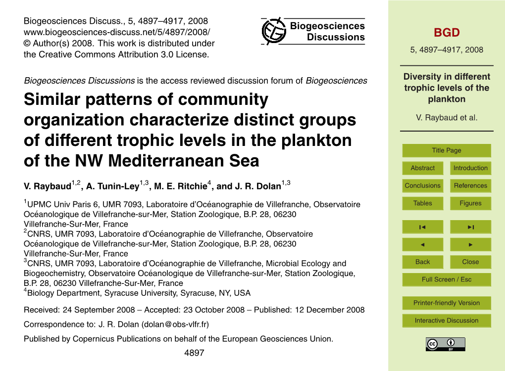 Diversity in Different Trophic Levels of the Plankton