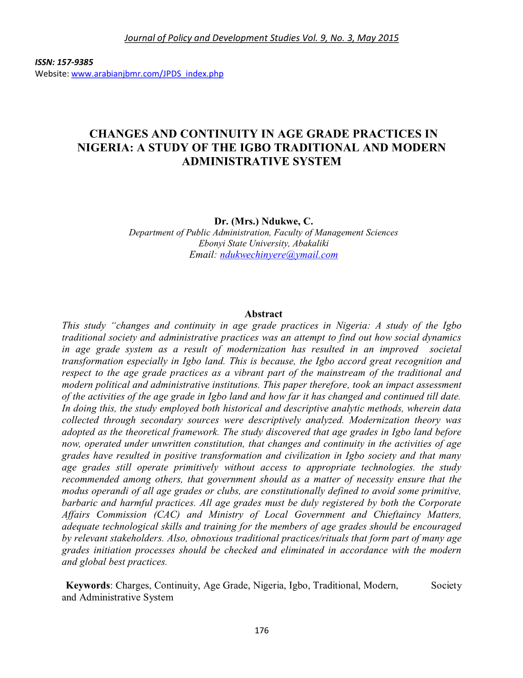 Changes and Continuity in Age Grade Practices in Nigeria: a Study of the Igbo Traditional and Modern Administrative System