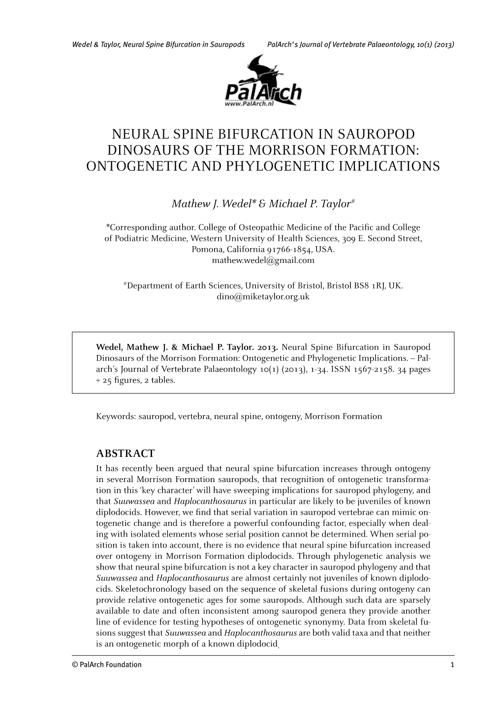 Neural Spine Bifurcation in Sauropods Palarch’S Journal of Vertebrate Palaeontology, 10(1) (2013)