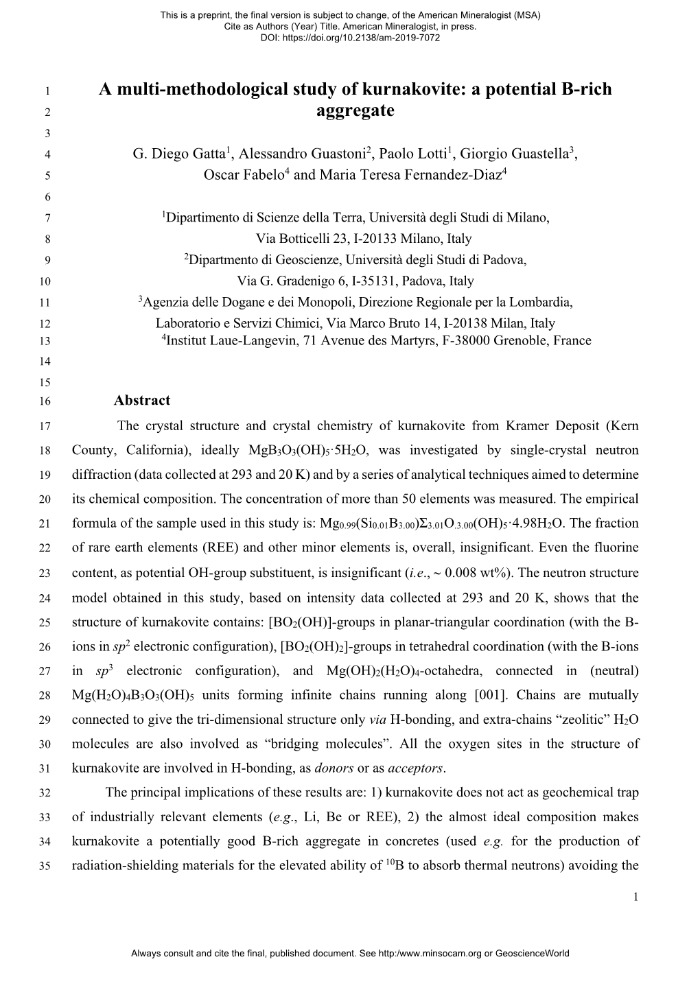 A Multi-Methodological Study of Kurnakovite: a Potential B-Rich 2 Aggregate 3 4 G