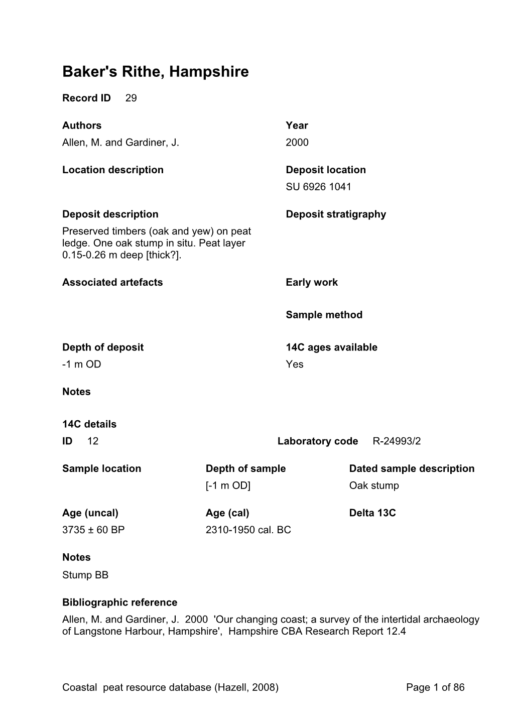 Peat Database Results Hampshire