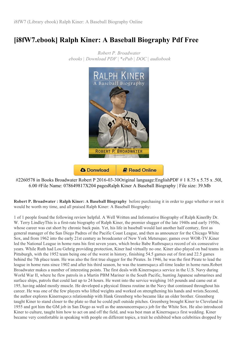 Ralph Kiner: a Baseball Biography Online