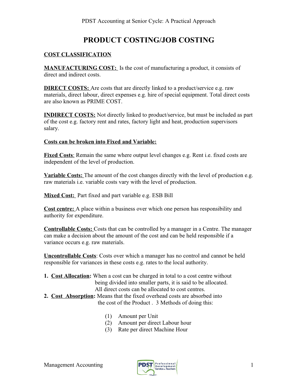 Topic: Product Costing/Job Costing