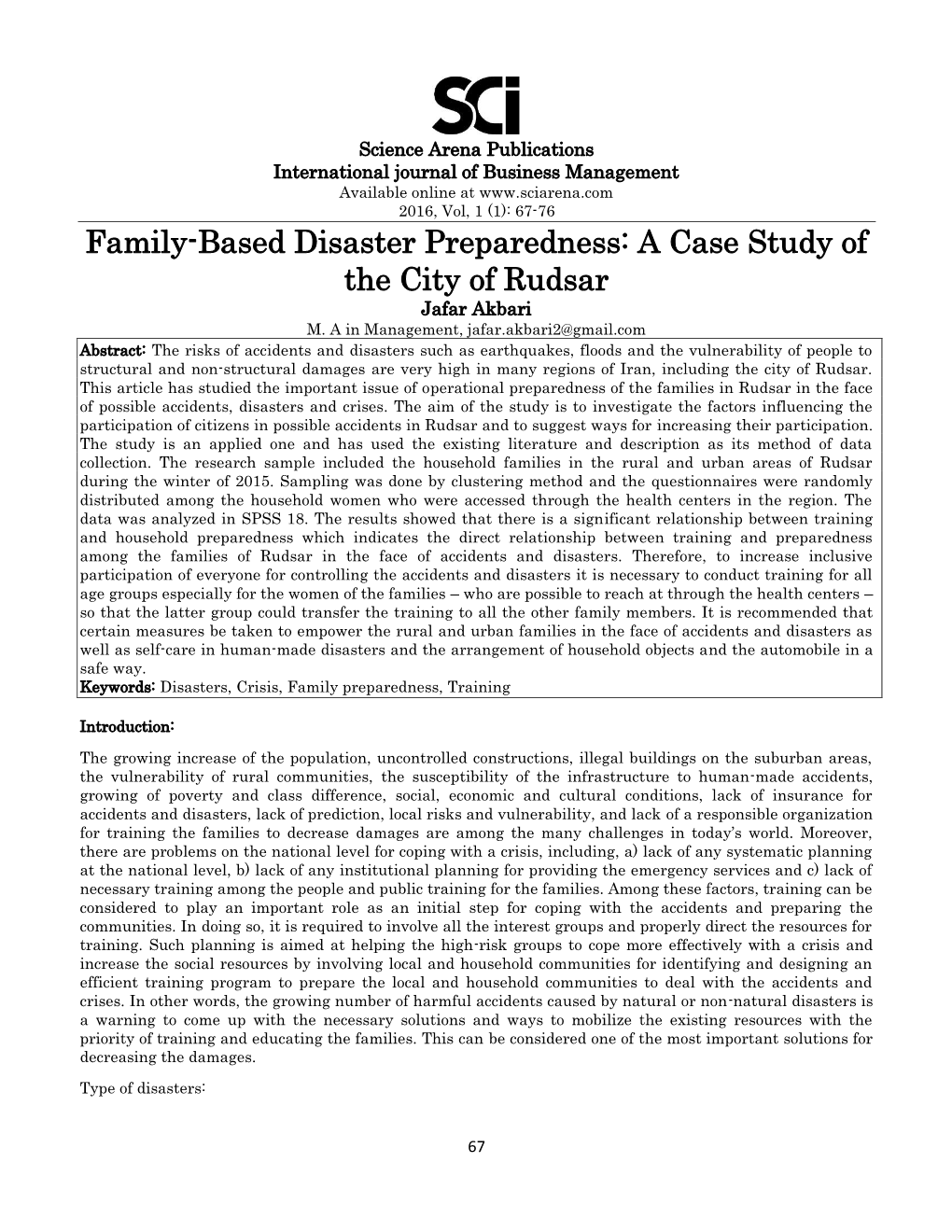 Family-Based Disaster Preparedness: a Case Study of the City of Rudsar Jafar Akbari M