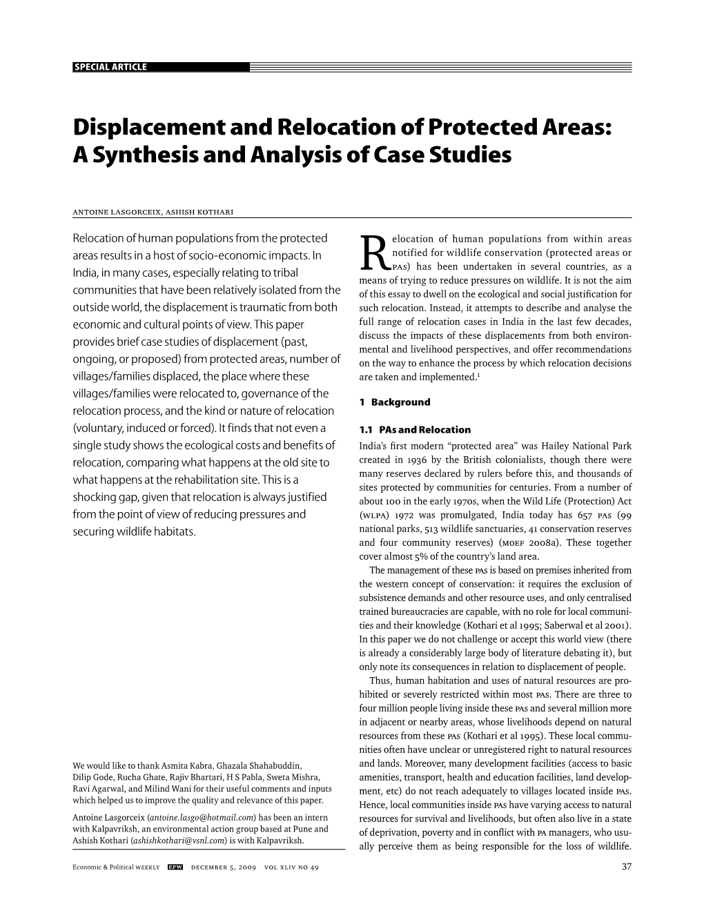 Displacement and Relocation of Protected Areas: a Synthesis and Analysis of Case Studies