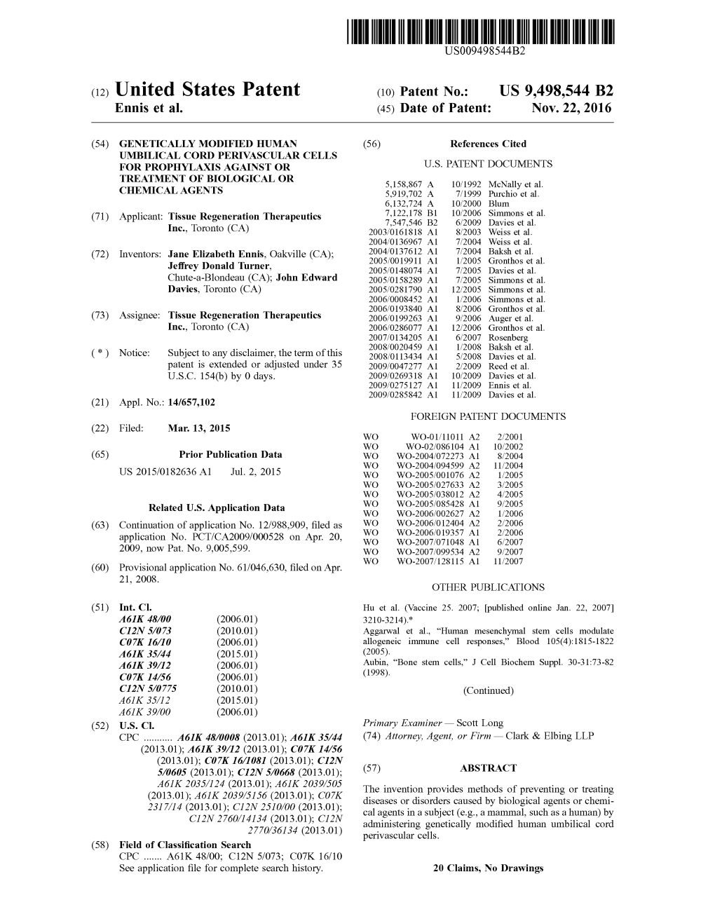 (12) United States Patent (10) Patent No.: US 9.498,544 B2 Ennis Et Al
