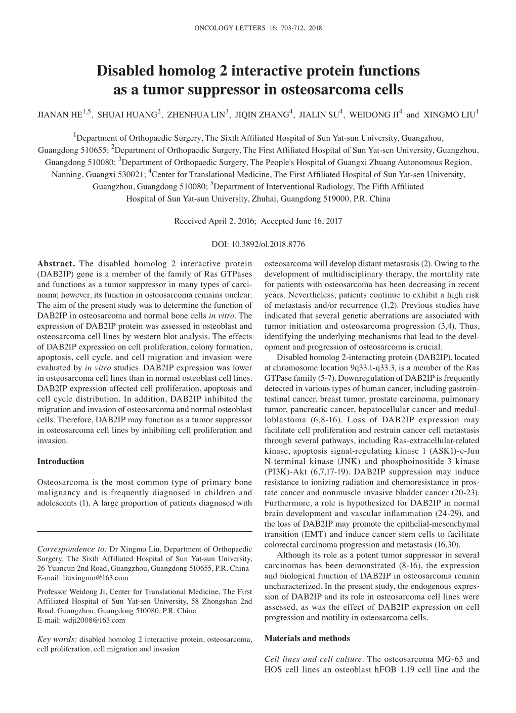 Disabled Homolog 2 Interactive Protein Functions As a Tumor Suppressor in Osteosarcoma Cells