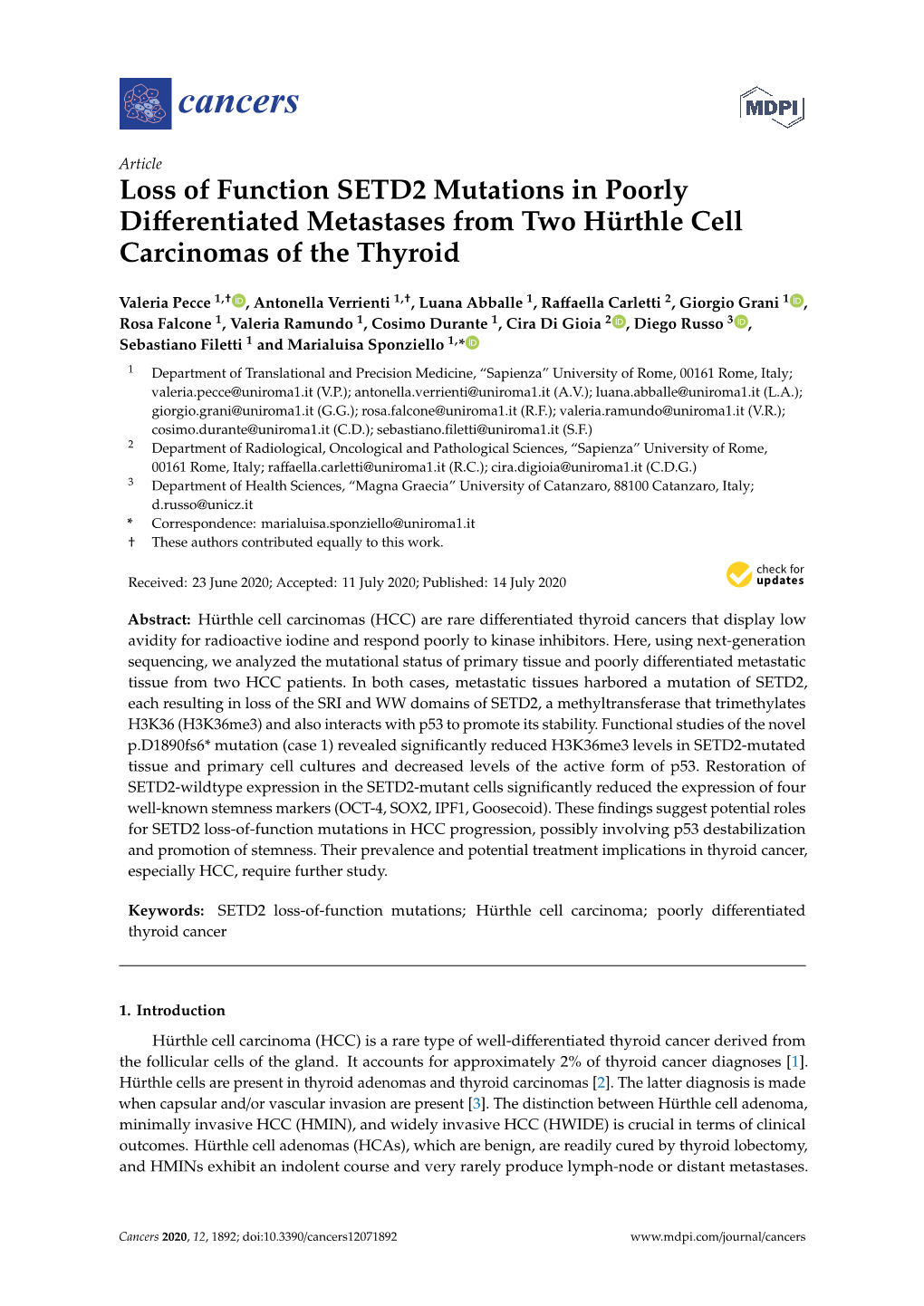 Loss of Function SETD2 Mutations in Poorly Differentiated Metastases