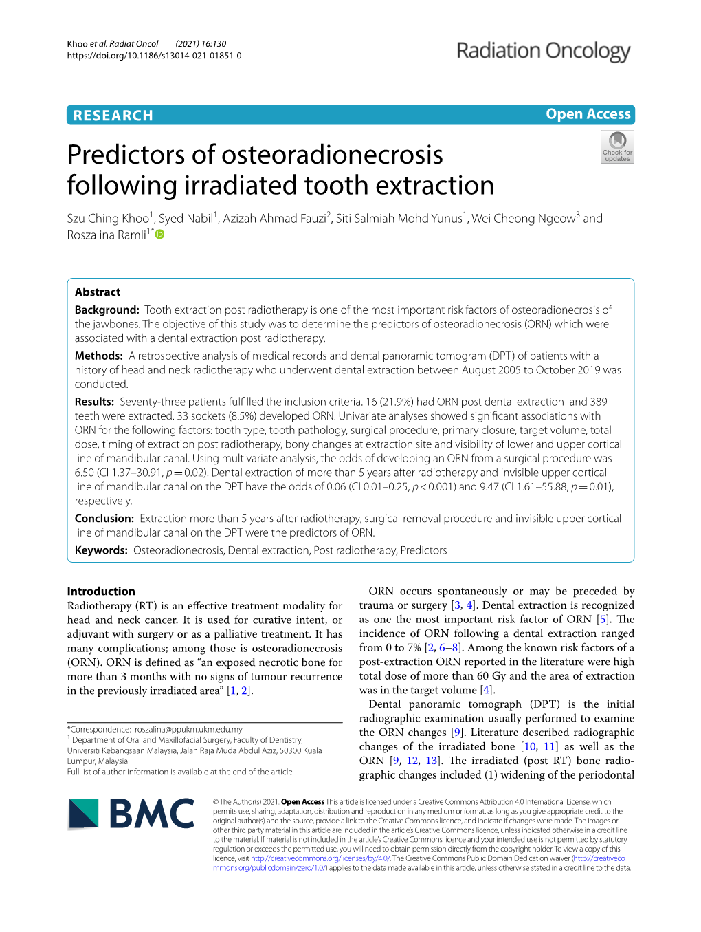 Predictors of Osteoradionecrosis Following Irradiated Tooth Extraction